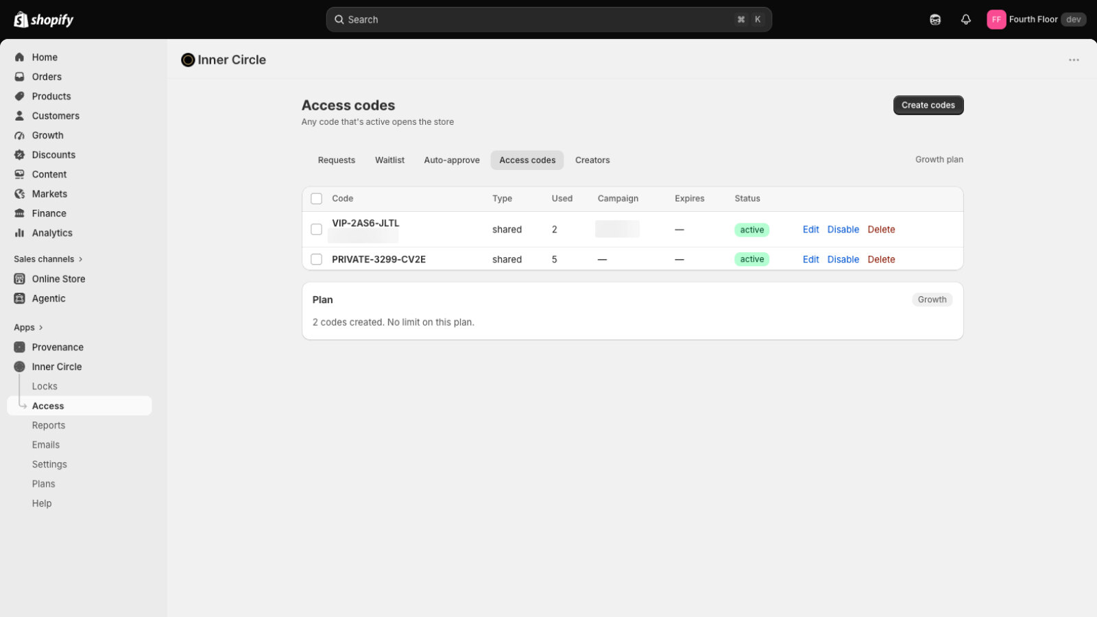 The Access codes tab in the Shopify admin, listing two shared codes with the number of times each has been used, the campaign it carries, its expiry and an active status, each with Edit, Disable and Delete beside it.
