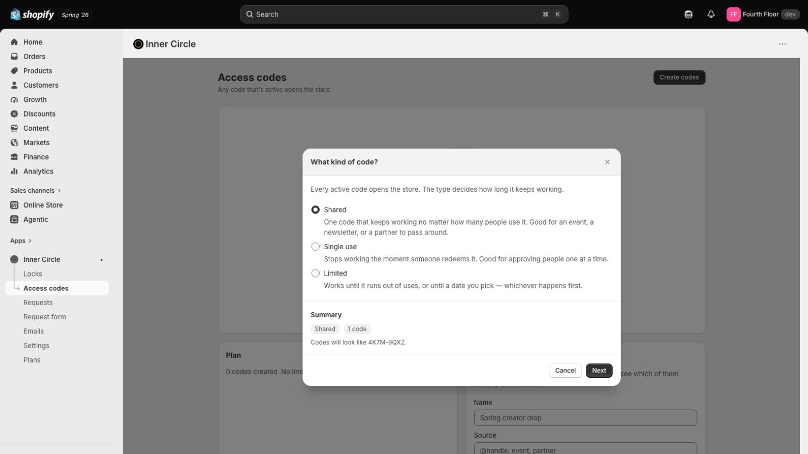 The "What kind of code?" step in the Shopify admin, offering Shared, Single use and Limited, each with a sentence on when to use it, and a summary reading "Shared, 1 code".