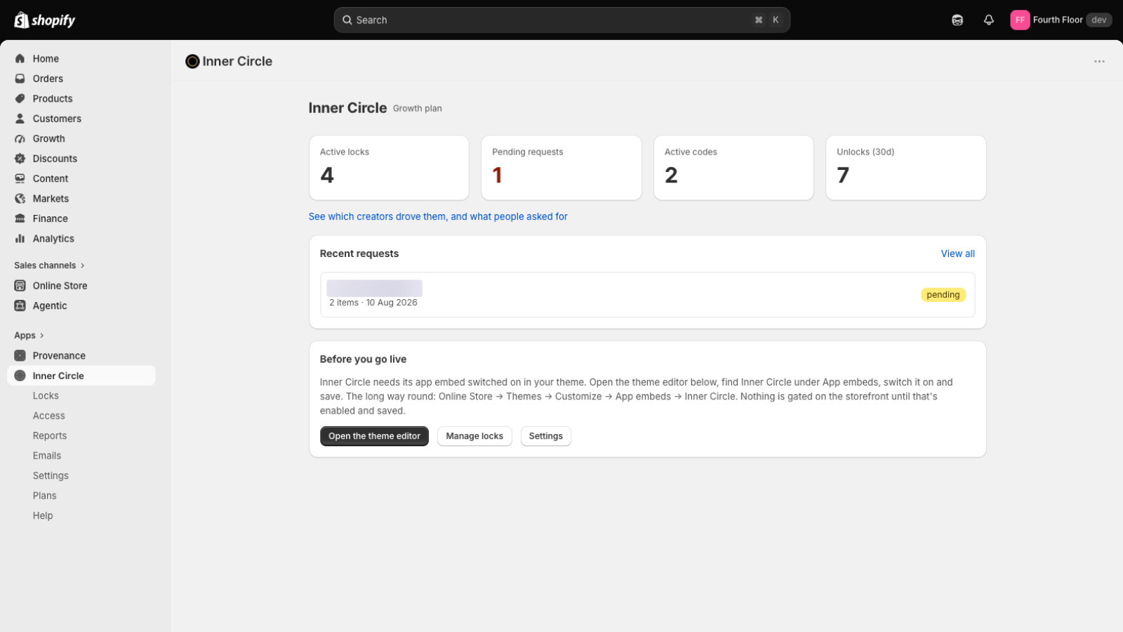 The Inner Circle dashboard in the Shopify admin: counters reading four active locks, one pending request, two active codes and seven unlocks in the last 30 days, a recent requests panel, and a "Before you go live" card explaining that nothing is gated until the app embed is switched on in the theme.