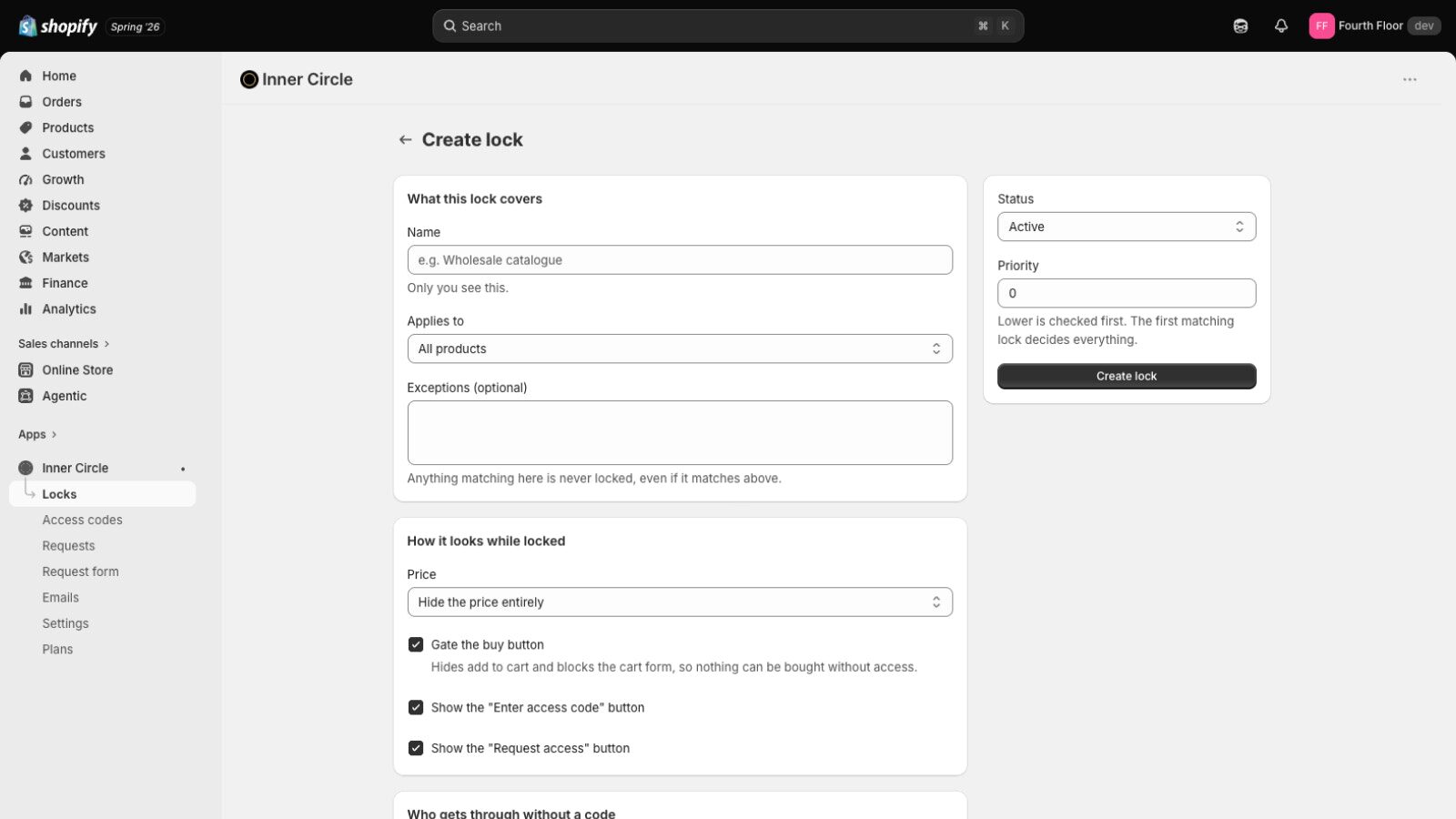 The Create lock screen in the Shopify admin. A "What this lock covers" card with a name and an "Applies to" menu set to All products, and a "How it looks while locked" card with the price set to "Hide the price entirely" and tick boxes for gating the buy button and showing the access code and request buttons.
