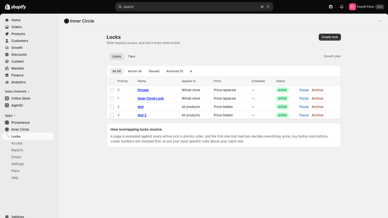 The Locks list in the Shopify admin: four locks in priority order, each with what it applies to, whether the price is replaced or hidden, and an active status, above a card headed "How overlapping locks resolve".