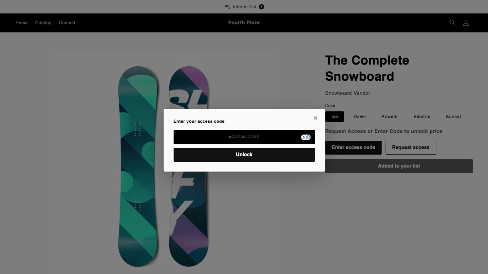 The access code dialog open over that same product page, holding a single code field and an Unlock button.