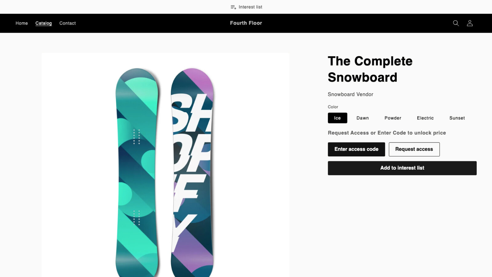 A product page on a live Shopify storefront with no price: the photography, title, vendor and colour swatches are all there, and where the price and buy button would be it reads "Request Access or Enter Code to unlock price" above an "Enter access code" button, a "Request access" button and "Add to interest list".