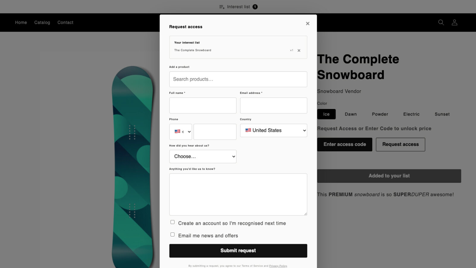 The Request access dialog over a product page: the visitor's interest list with the product they collected, a search box for adding more, name, email, phone with a dial-code picker, country, a "How did you hear about us?" menu, a free-text box, tick boxes for creating an account and for marketing email, and a Submit request button.
